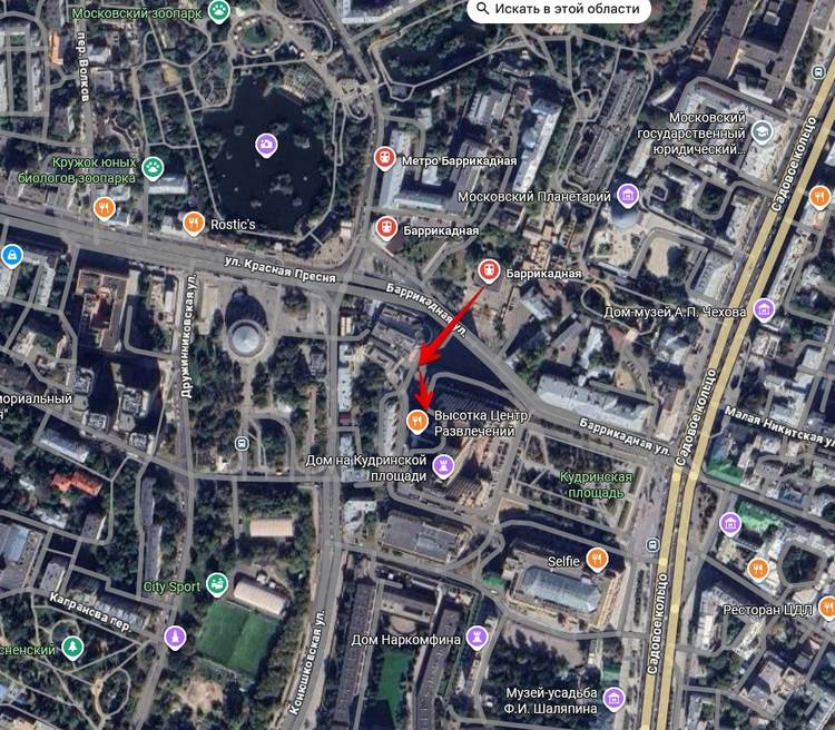 Расположение на карте ресторана в «Высотке» в Москве